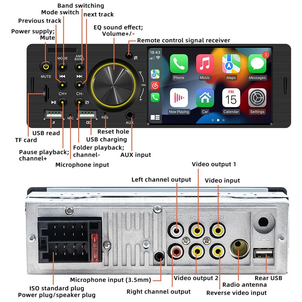 1DIN 4″ Car MP5 Player Wireless CarPlay Android Auto Steering Wheel Control AUX