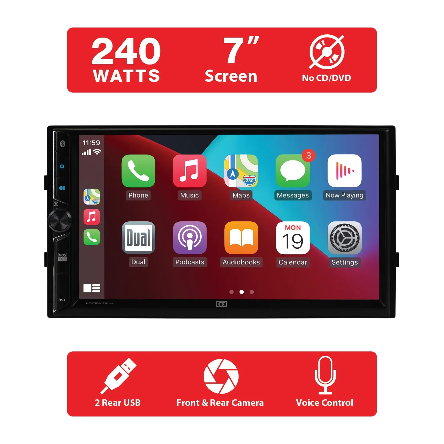 Dual Electronics 7″ Touchscreen Car Stereo Receiver with Wireless Apple CarPlay