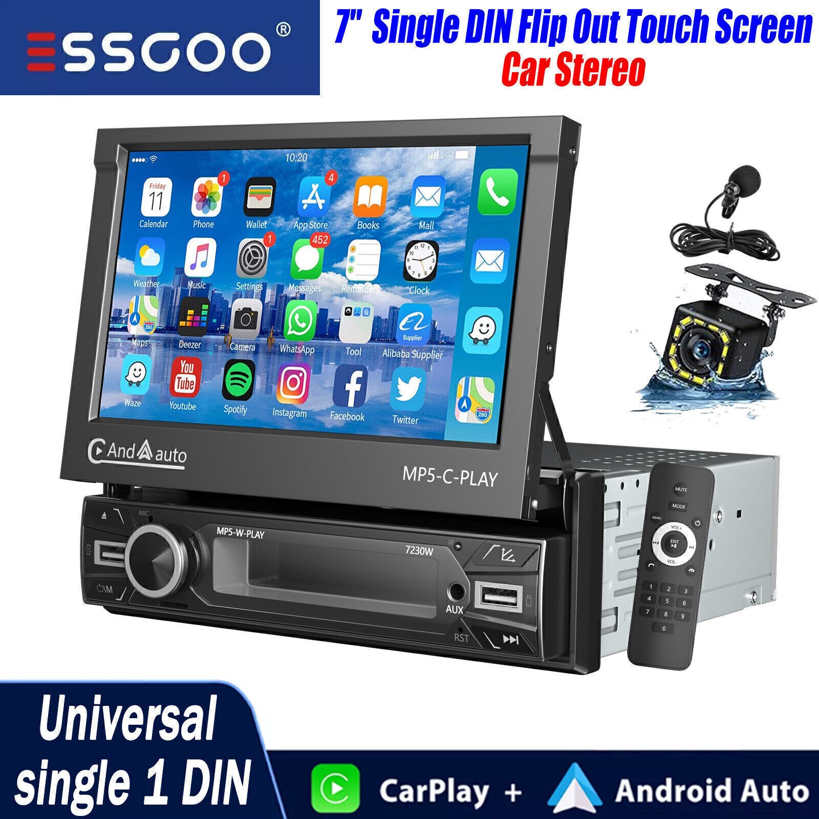 7″ Single 1 DIN Car Stereo Flip Out Touch Screen Radio Head Unit AUX Player CAM