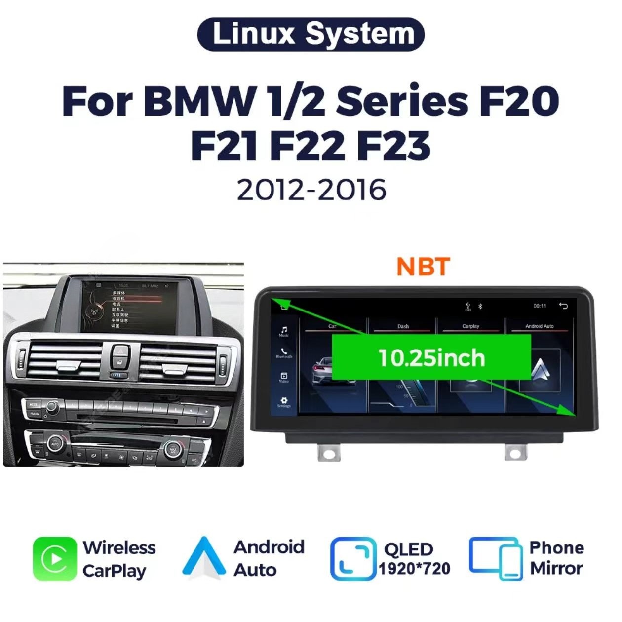 Wireless Carplay/Android Auto 10.25” Touchscreen for BMW 1/2 Serie F20 NBT