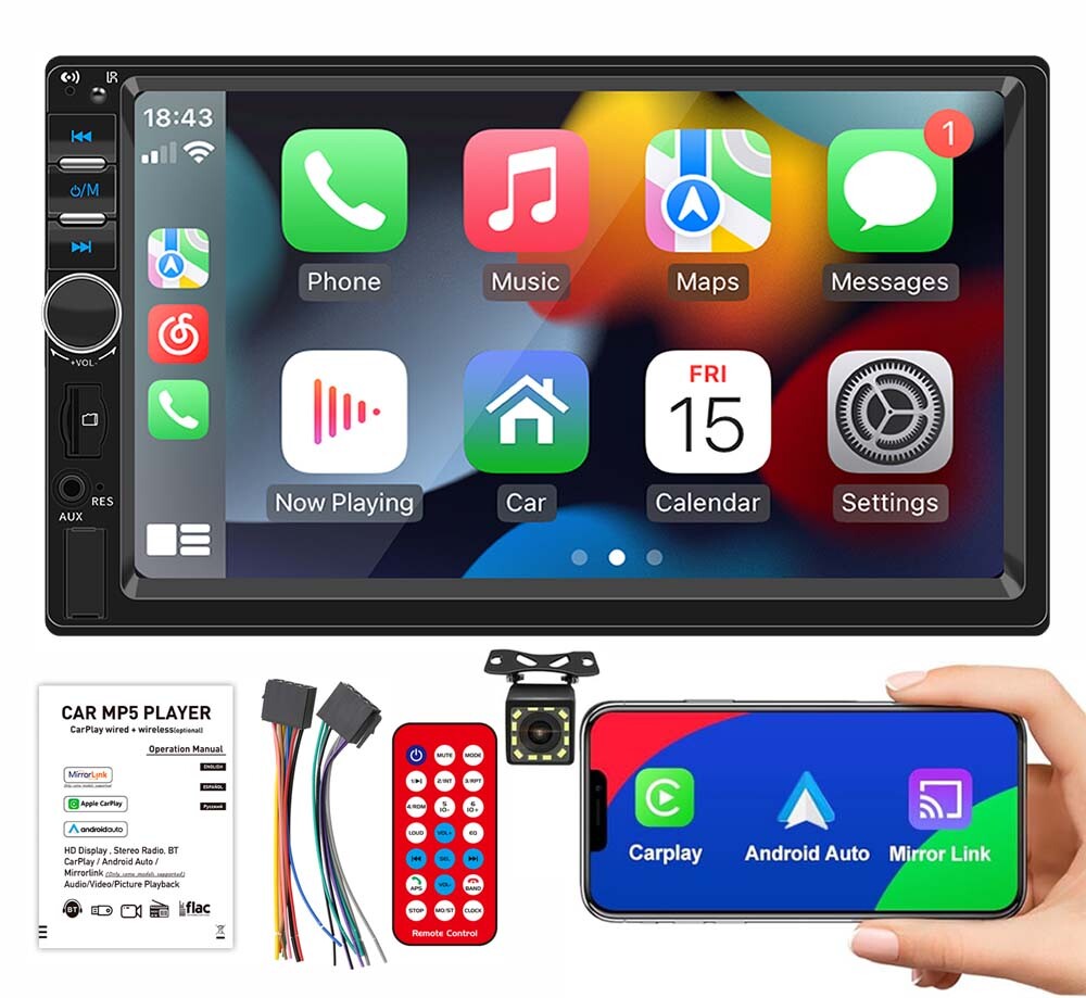 Double 2 Din 7″ Car Stereo Apple Carplay Touch Screen Android Auto BT USB/AUX/TF