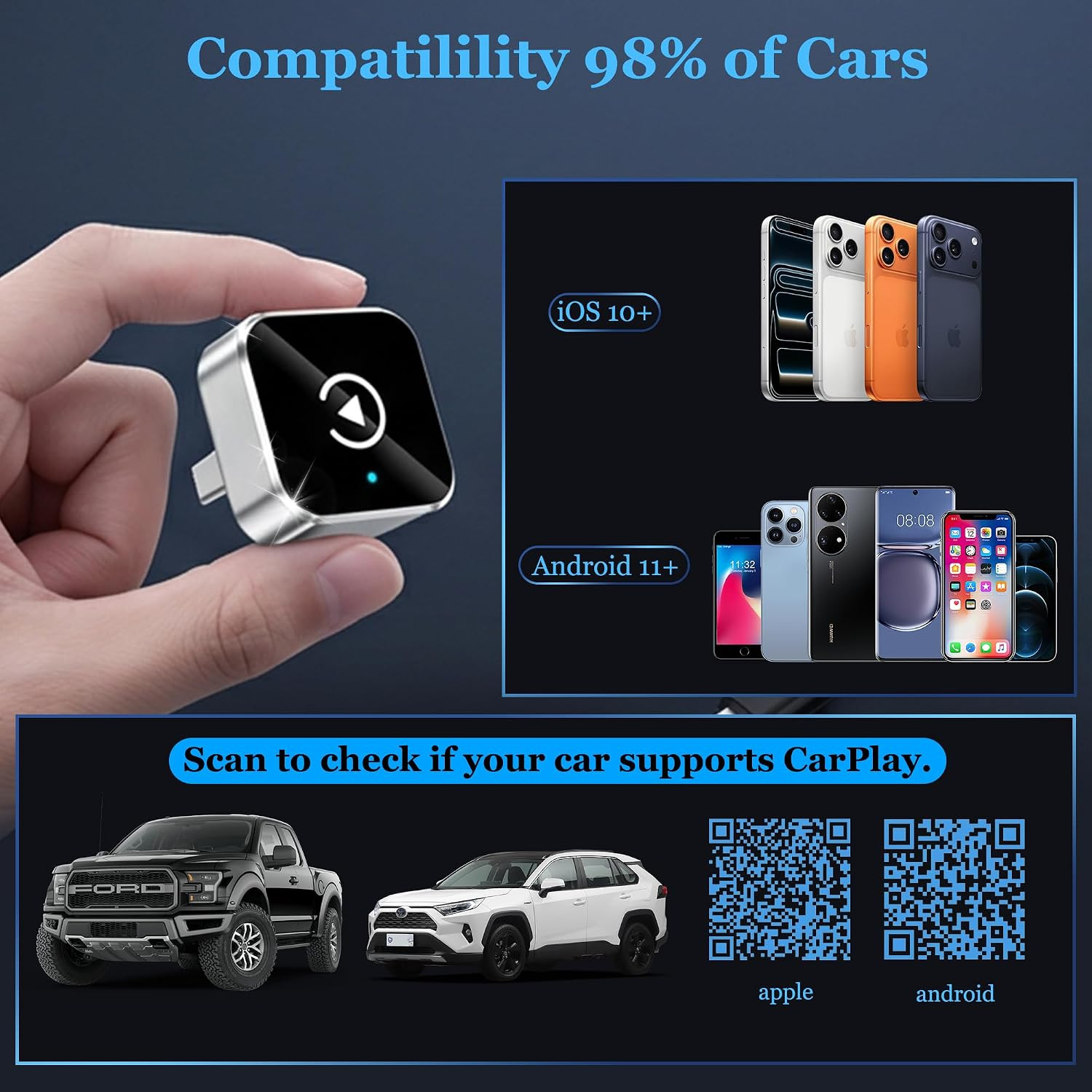 2026 Upgraded Wireless CarPlay & Android Auto Adapter, Fast Connection, Universa