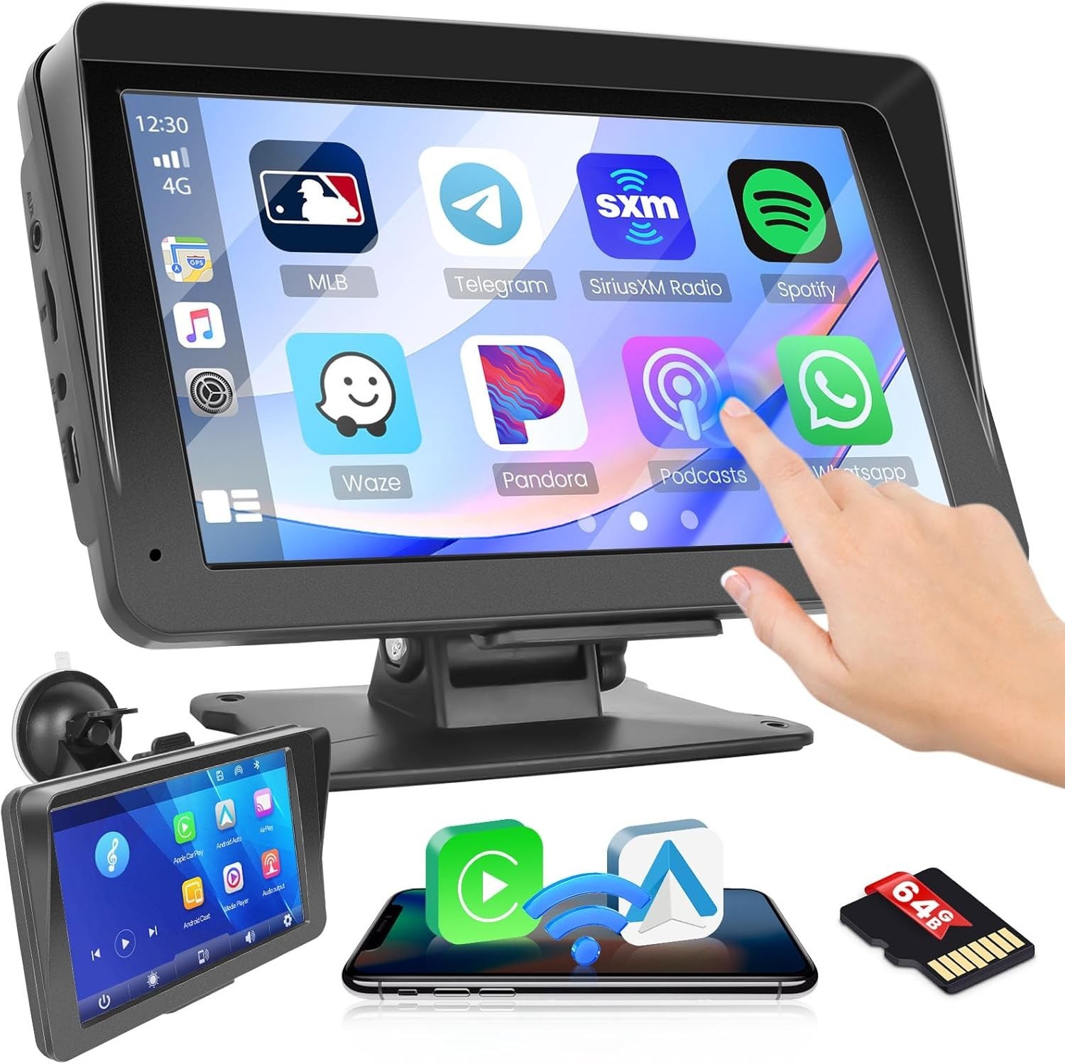 Wireless Carplay Screen Dash Mount 7 Inch Touchscreen Car Stereo Android GPS AUX