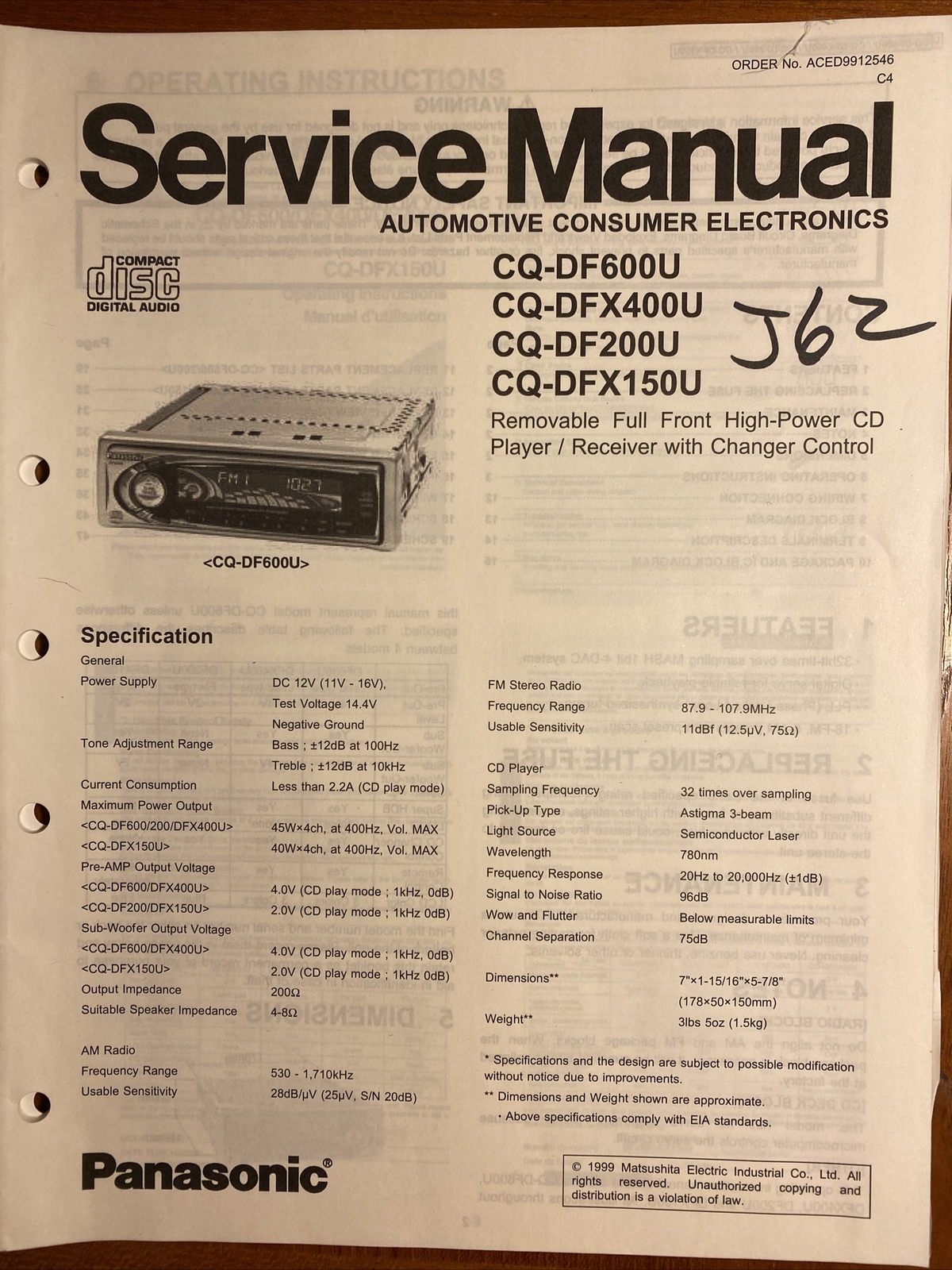 Panasonic CQ-DF600U CQ-DFX150U CQ-DF200U CQ-DFX400U CD Car Stereo Service Manual