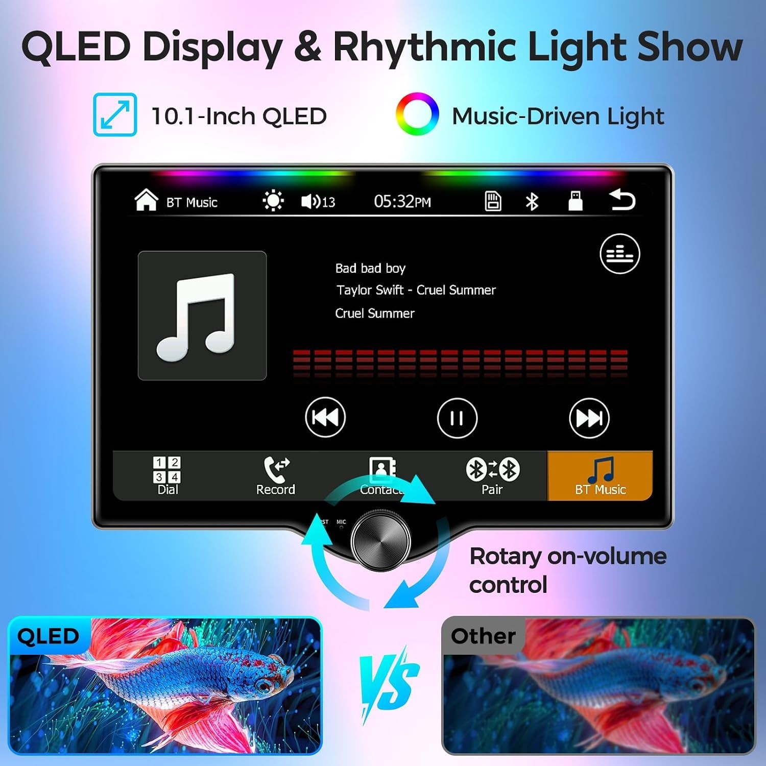 Music Sync Luminous Bar Car Stereo, Bluetooth, Backup Camera