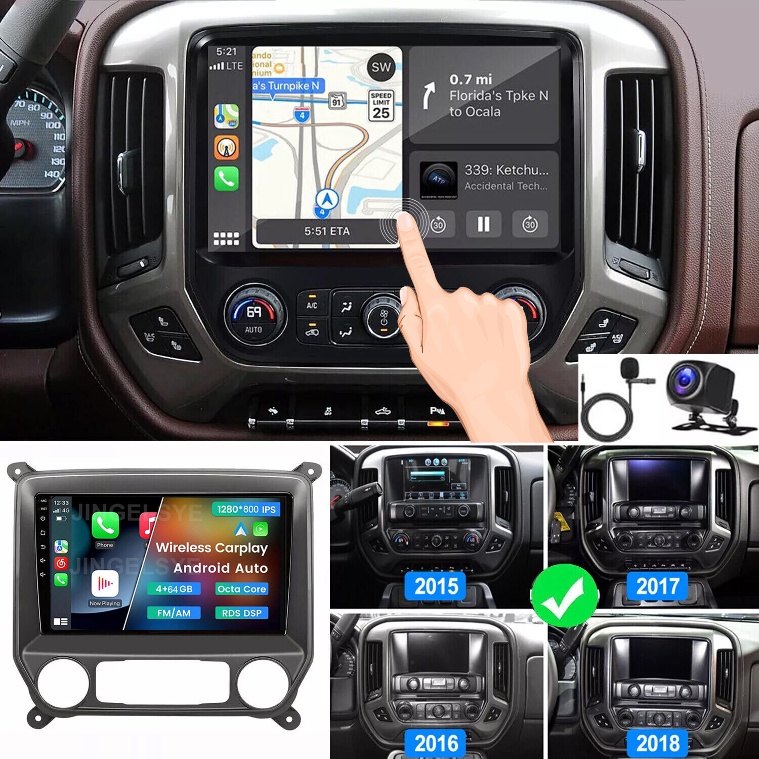 64G 8Core Stereo Radio Carplay GPS For 2014-18 Chevrolet Silverado GMC 1280*800