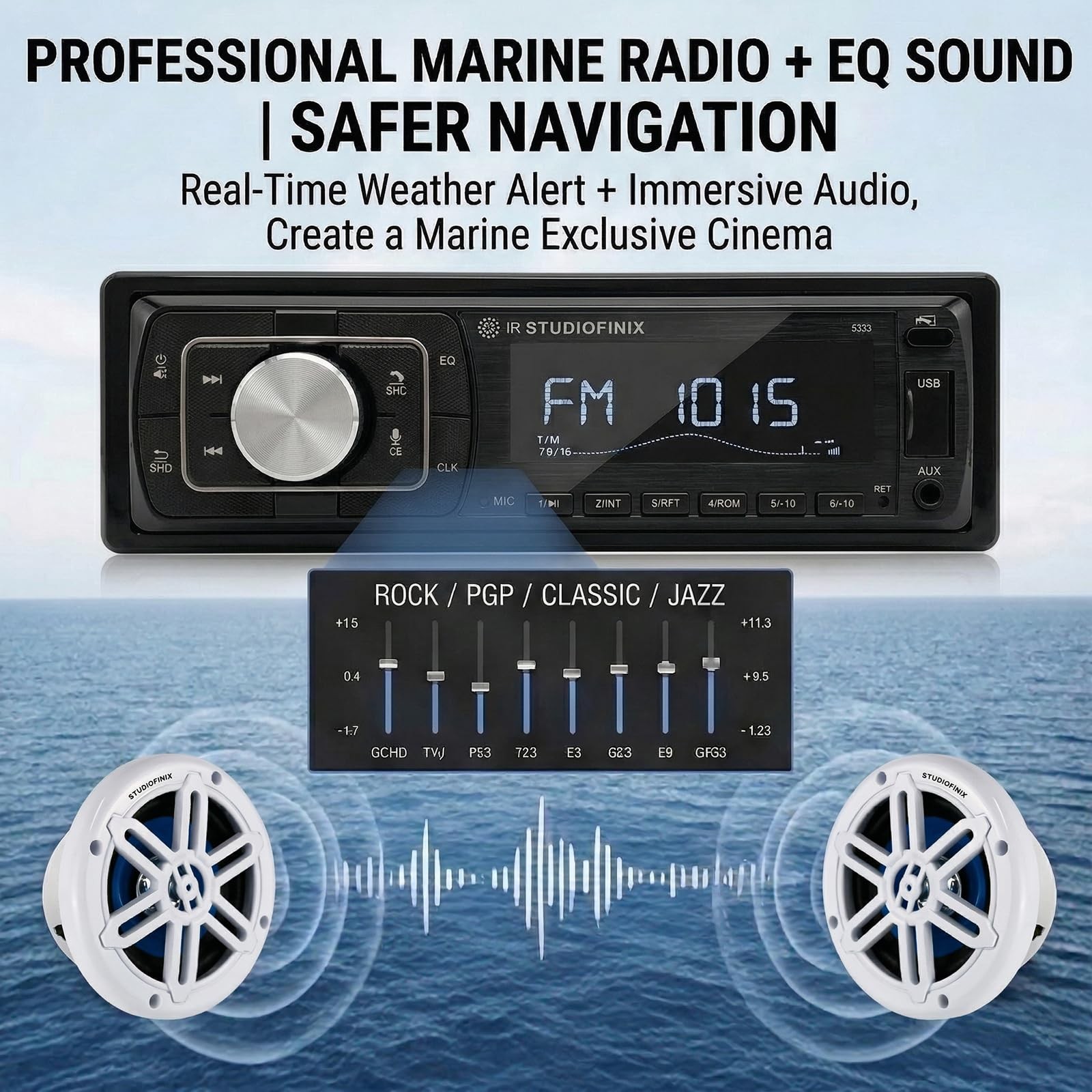 STUDIOFINIX Single Din Bluetooth 5.1 Marine Car Stereo Receiver, 240W Audio H…