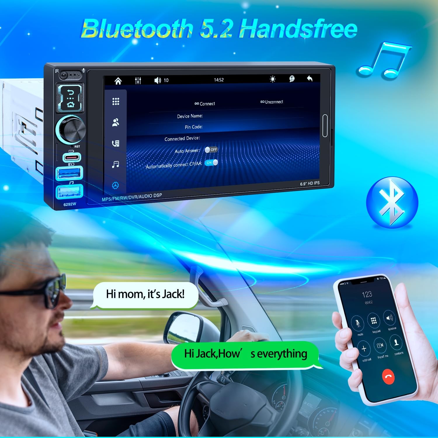 Single Din Car Stereo with Wireless Apple Carplay & Android Auto, 6.9″ IPS To…