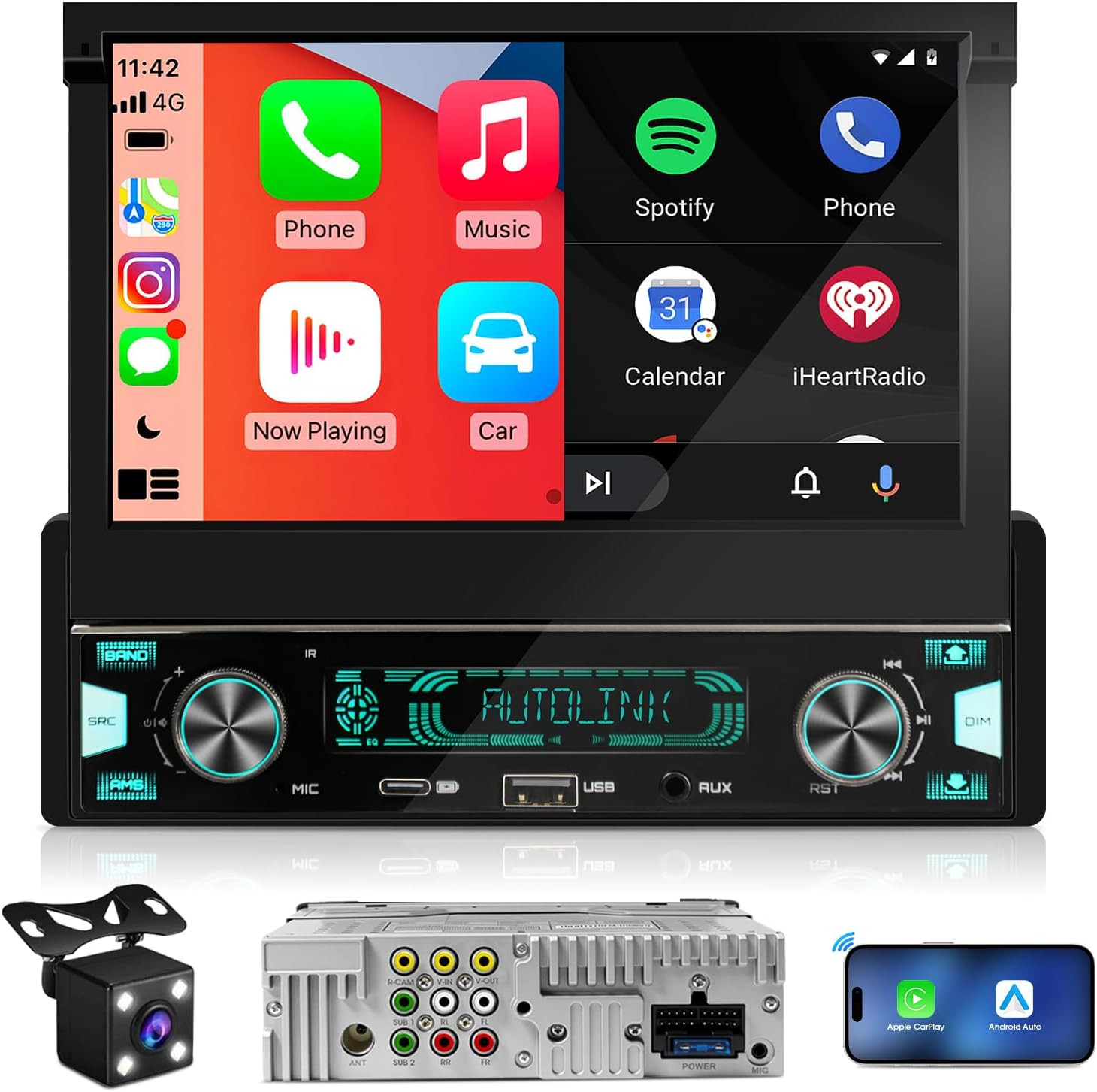 Single Din Flip-Out Touchscreen Radio: 7 Inch Wireless Carplay Android Auto Car