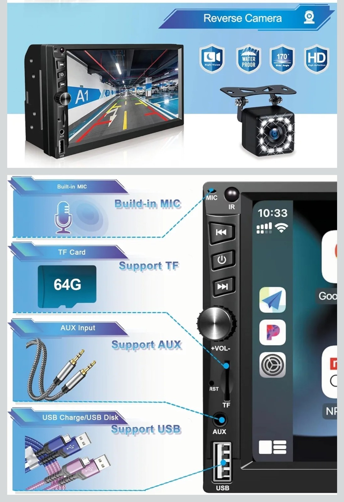 Wireless Double Din Car Stereo Works with Apple Carplay,7 Inch HD 1024 * 600…