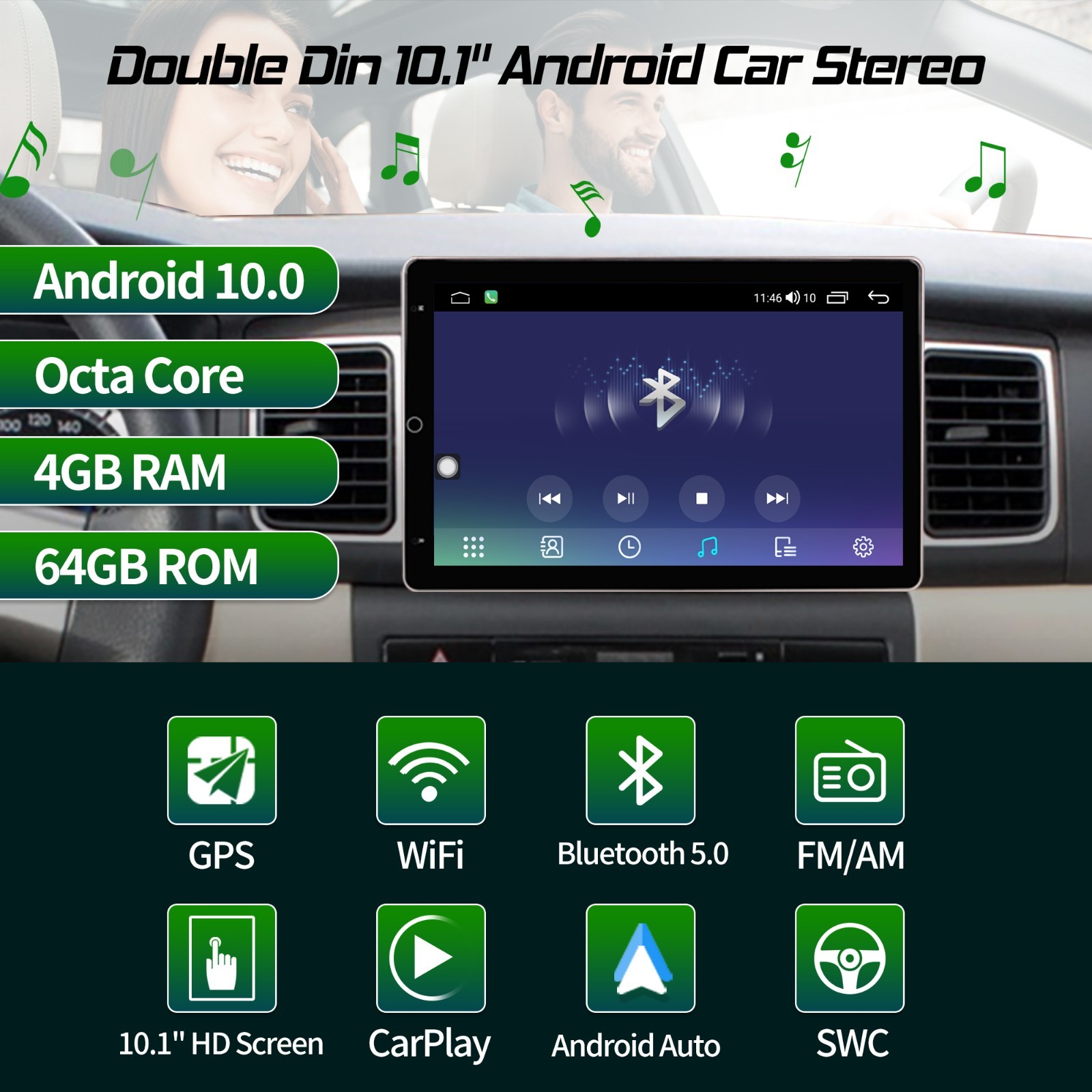 Rotatable Car Stereo Radio 2 DIN 10.1″ Touch Screen Android GPS Navi Wifi 4+64GB