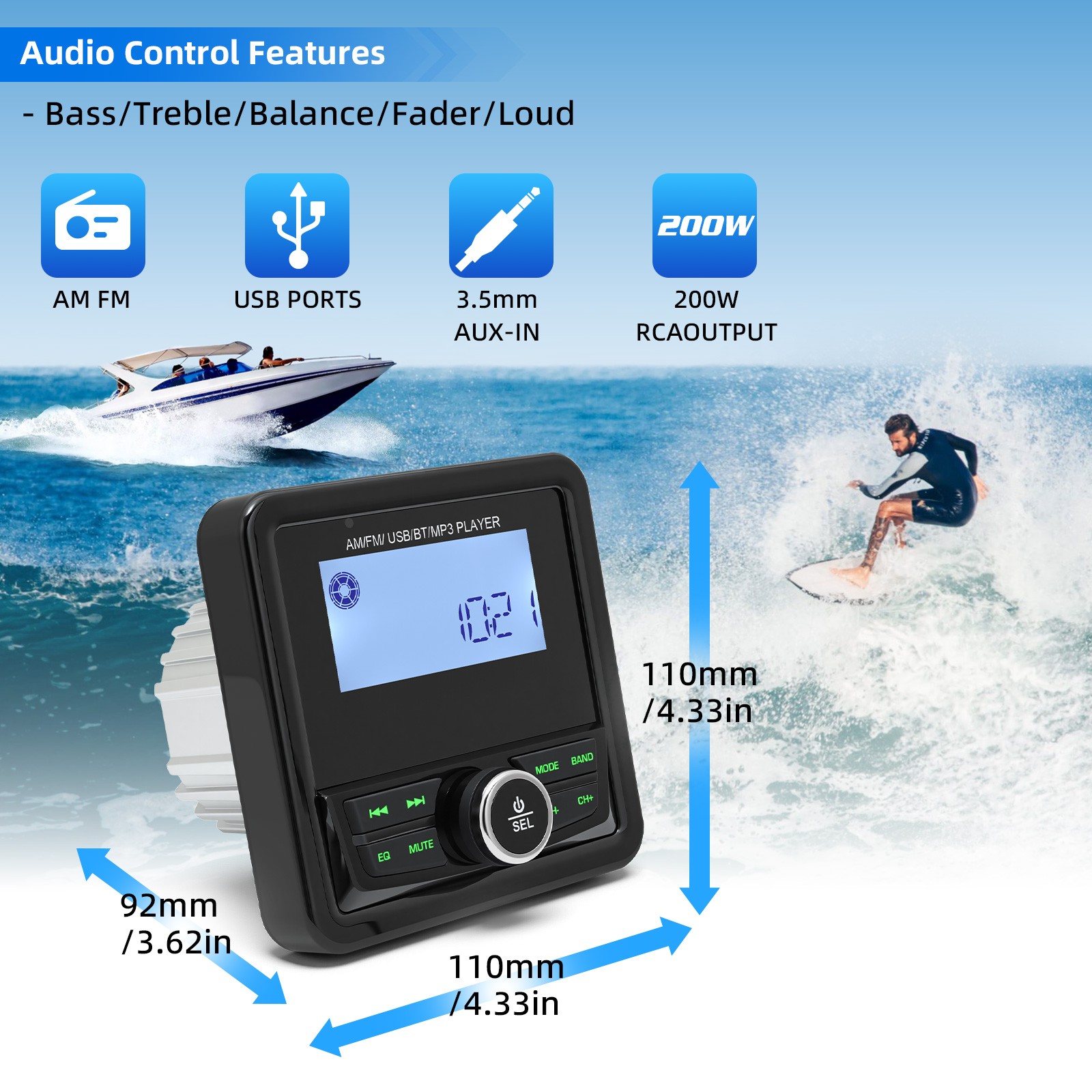 MP3 Marine Bluetooth Stereo Radio Boat Audio Player with FM/AM Digital Speaker