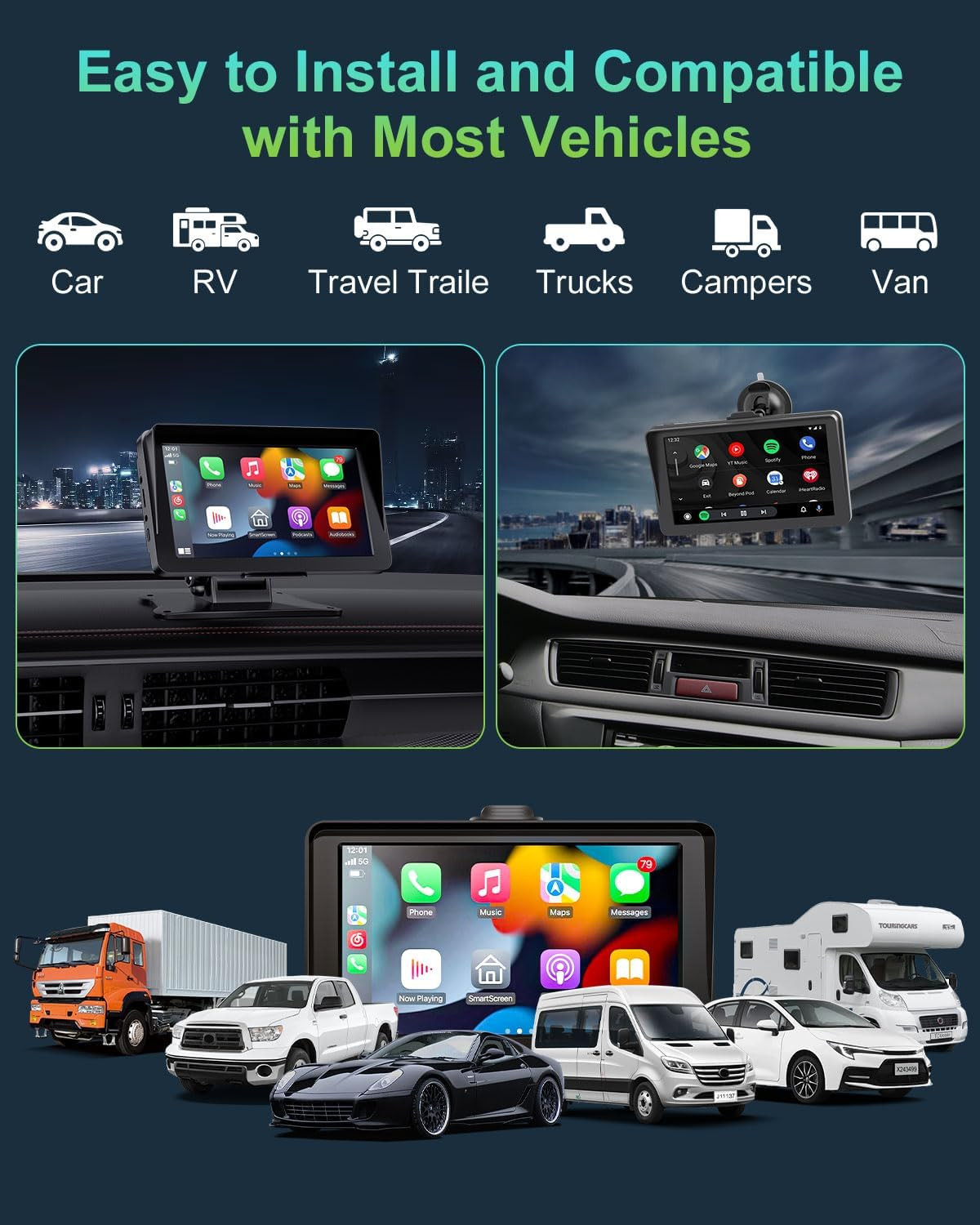 Carplay Screen for Car, 7″ HD Portable Wireless Carplay & Android Auto
