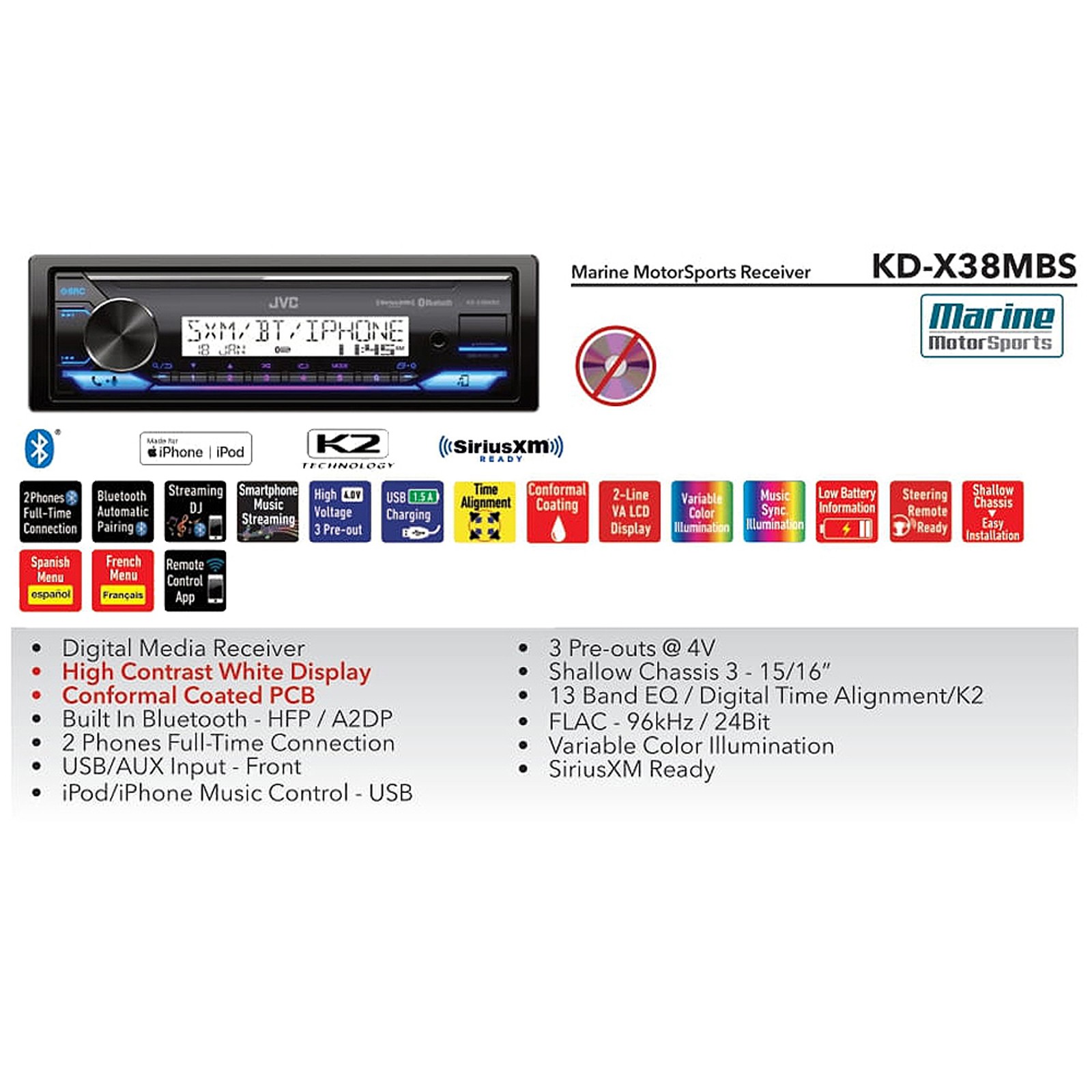 Kenwood KMR-M332BT Single DIN Marine/MotorSports USB Bluetooth Receiver