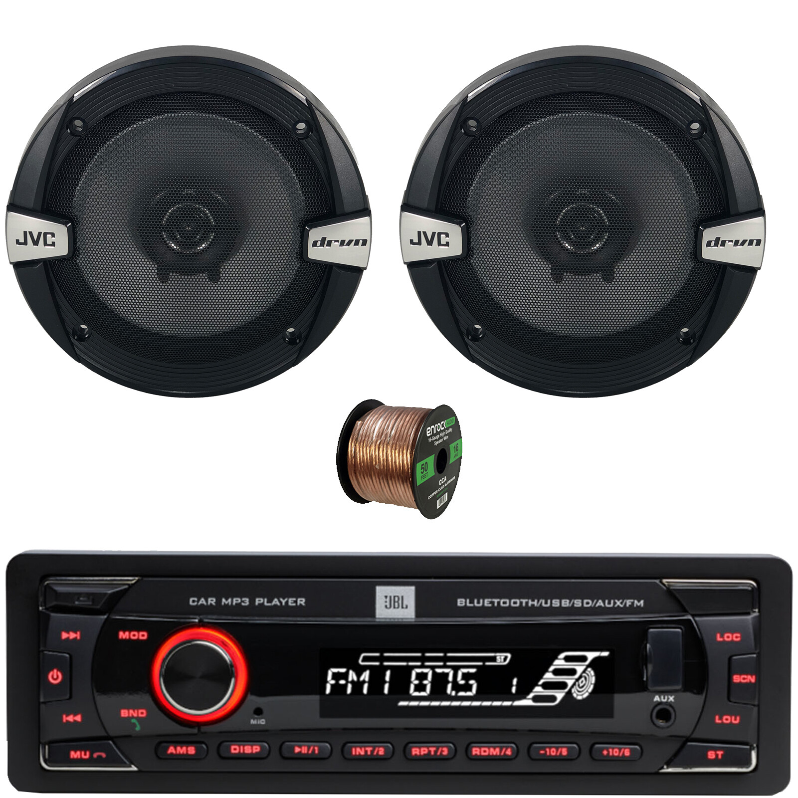 JBL Single-DIN Bluetooth FM USB/AUX Radio, 2x 6.5″ 300W 2-Way Speakers W/Wire