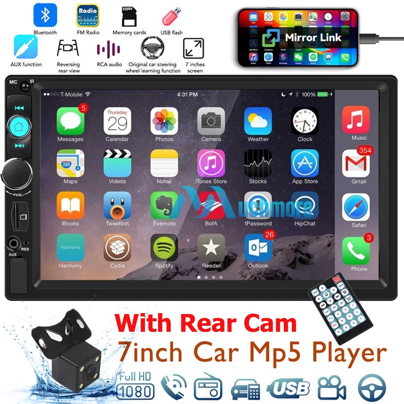 Double 2Din 7″ Touch Screen Car Stereo Bluetooth Radio IOS/Android Carplay + Cam