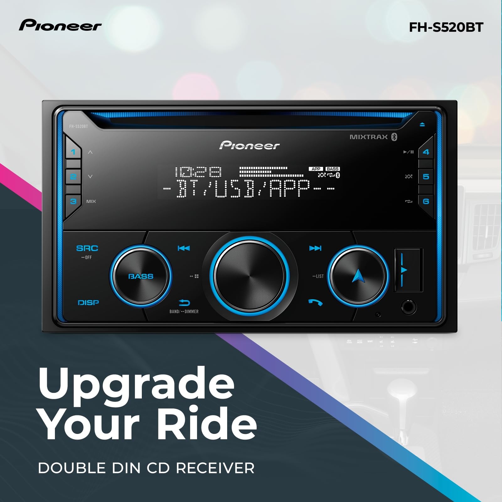Pioneer FH-S520BT Double Din CD Receiver – Bluetooth, One Size, Black