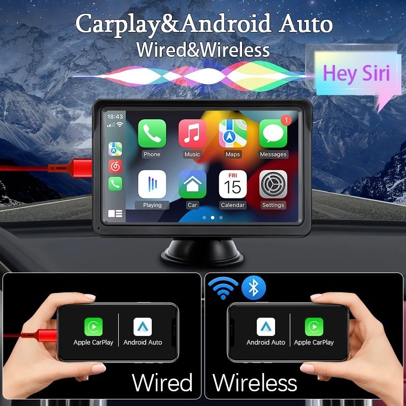 Hippcron 7in Portable CarPlay Android Auto Car Radio Touch Screen w/ USB AUX