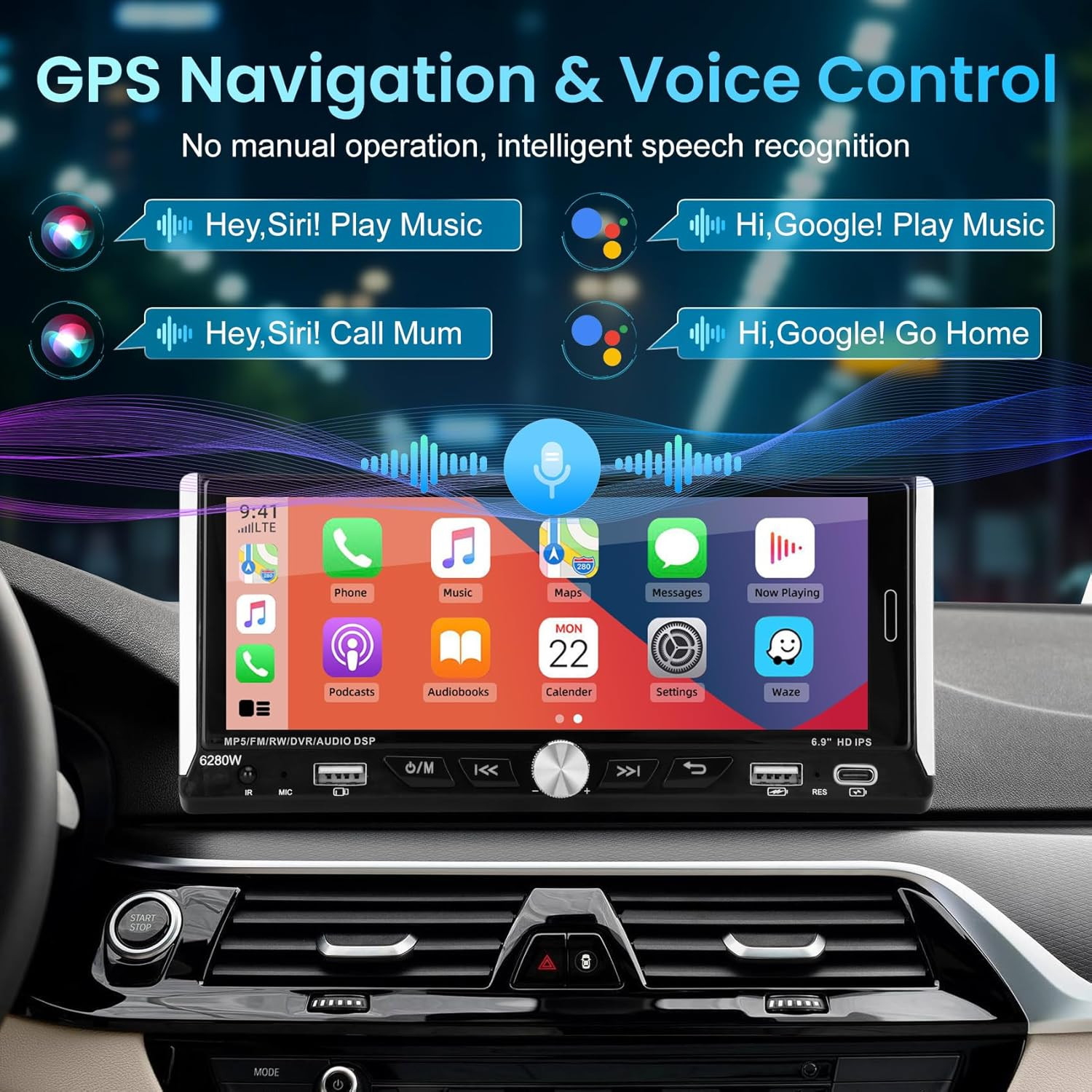 Single Din Car Stereo with Wireless Apple Carplay Android Auto, 6.9″ IPS Touchsc
