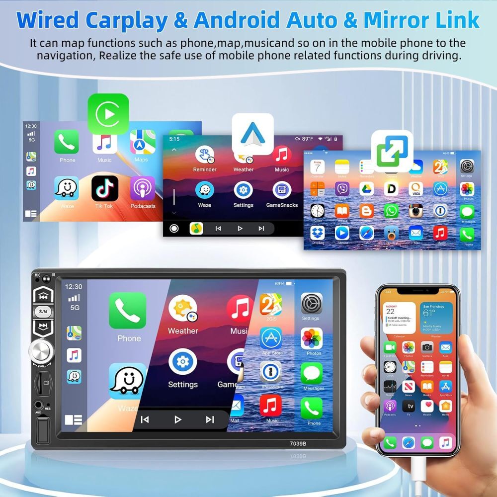 Single 1 DIN 7″ Car Stereo Radio Touch Screen Apple CarPlay Android Auto FM BT