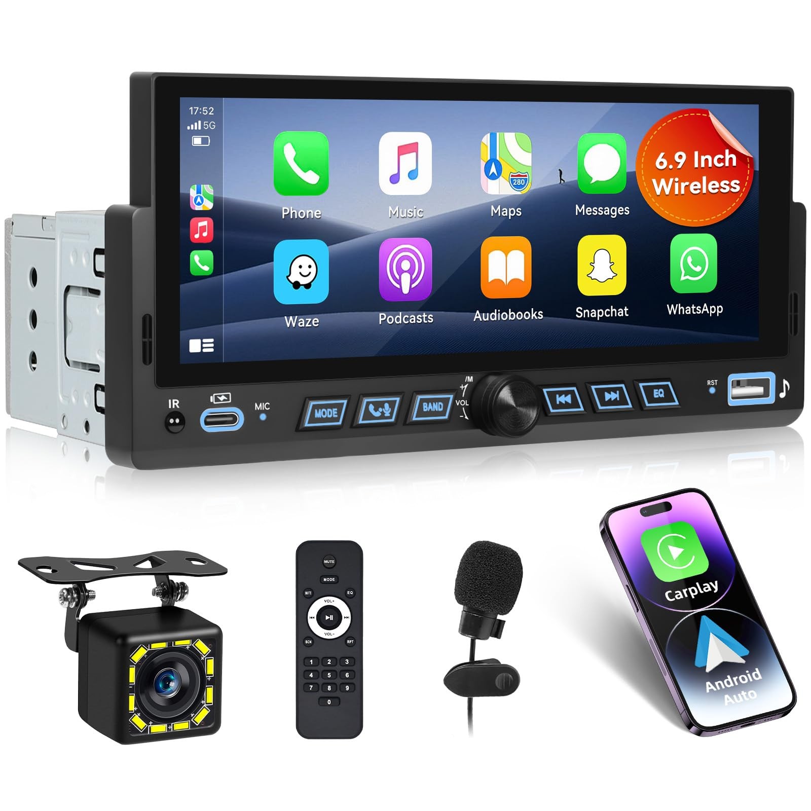 6.9” Single Din Car Stereo with Wireless Apple Carplay Android Auto, 1Din To…