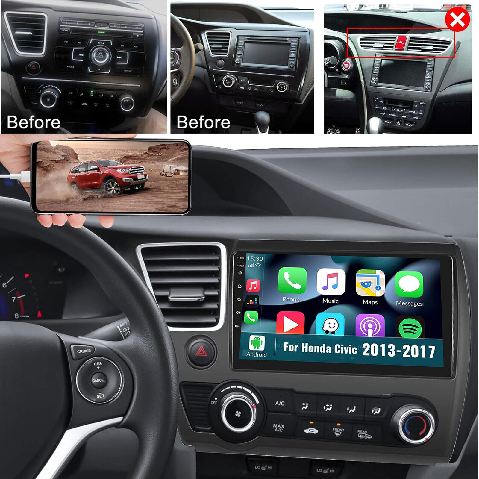 Radio HeadUnit Android12 Navi Wifi CarPlay For Honda Civic 2013 2014 2015 Stereo
