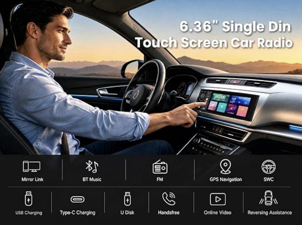Universal Single DIN Car Stereo 6.3” Touch Screen Bluetooth FM USB Backup Camera