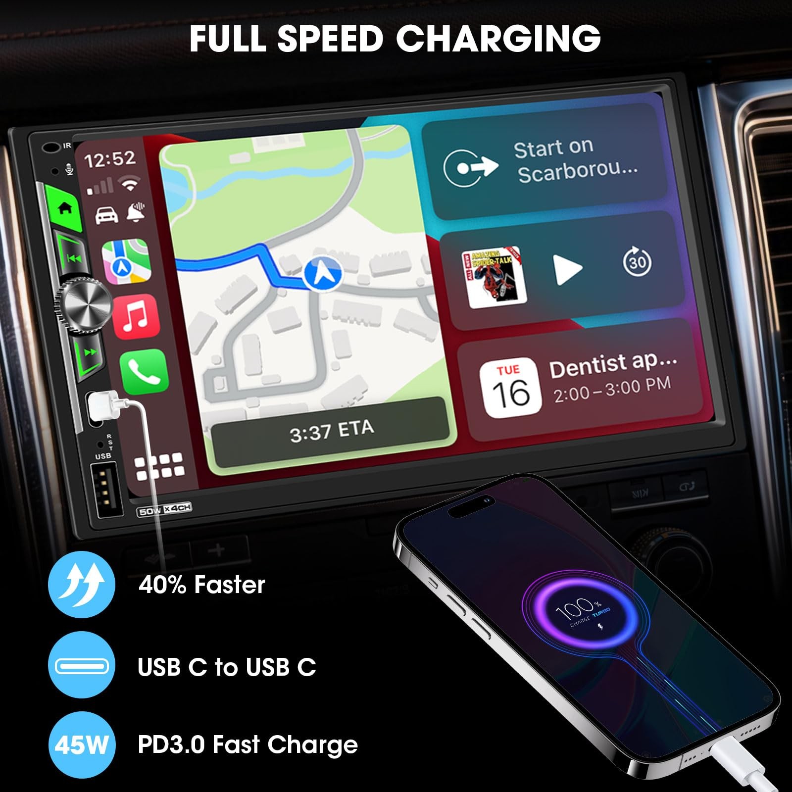 7″ Double Din Touchscreen Stereo – Wireless CarPlay Android Auto Car Radio Re…