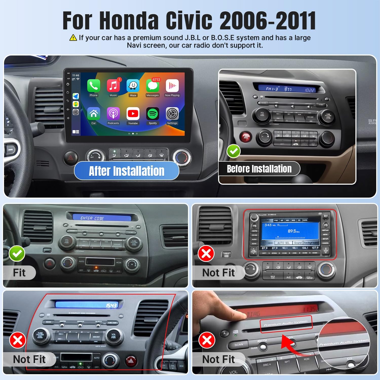 Naifay Car Radio For Honda Civic 2006 2007 2008 2009 2010 2011 Wifi Gps