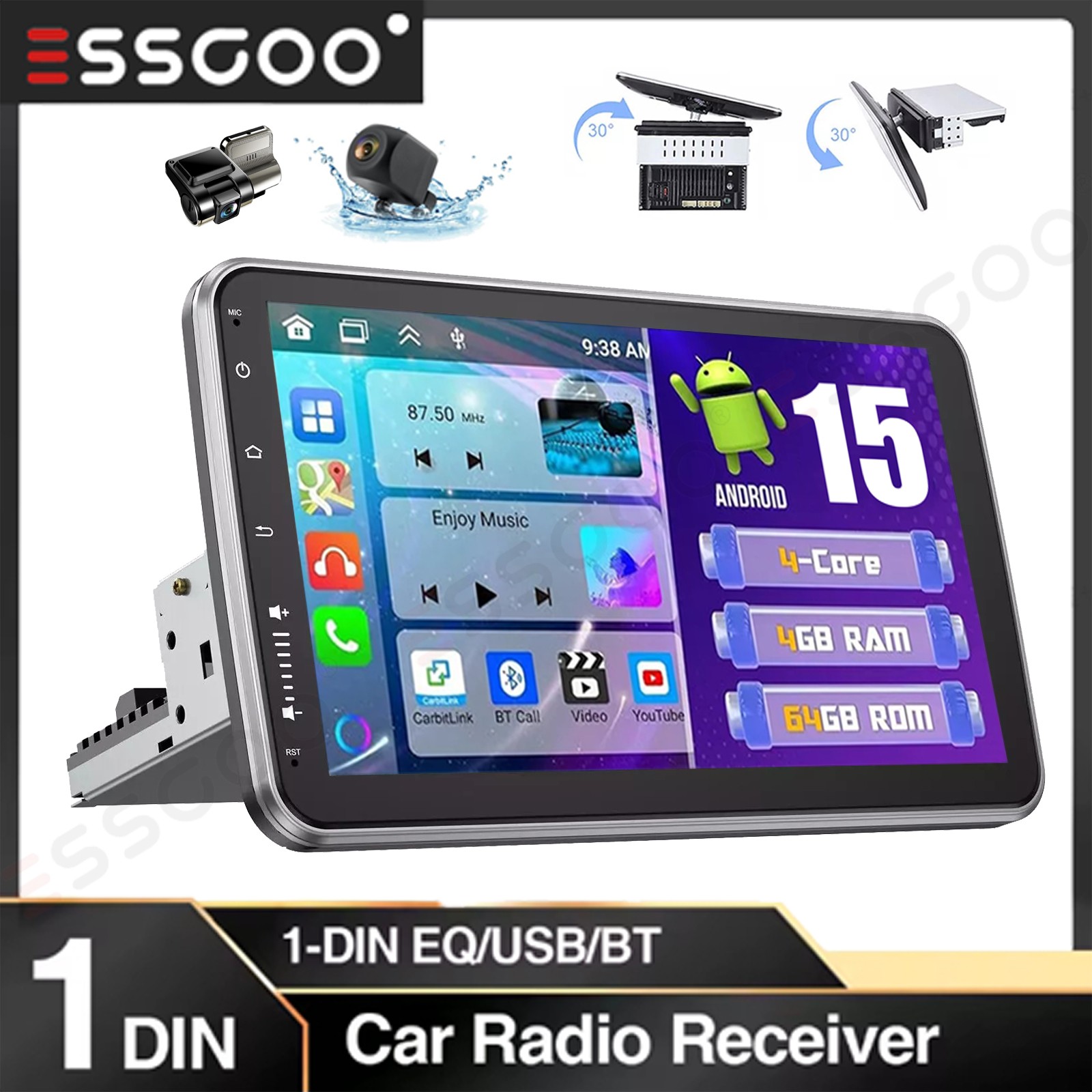 10.1″ DVR+ Carplay 4+64G Car Stereo Radio 1Din Rotatable Touch Screen MP5 BT+AHD