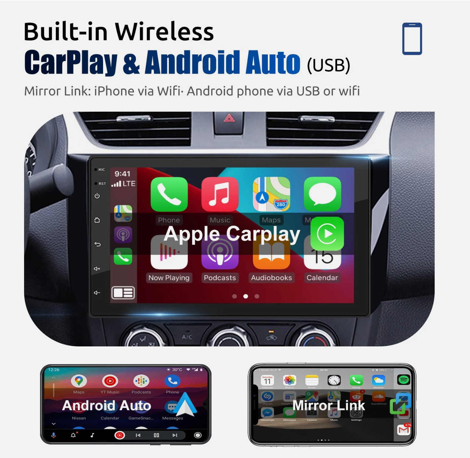 Android 15 4+64G 7″ 2Din Car Stereo Radio GPS Navi Wireless Carplay Android Auto