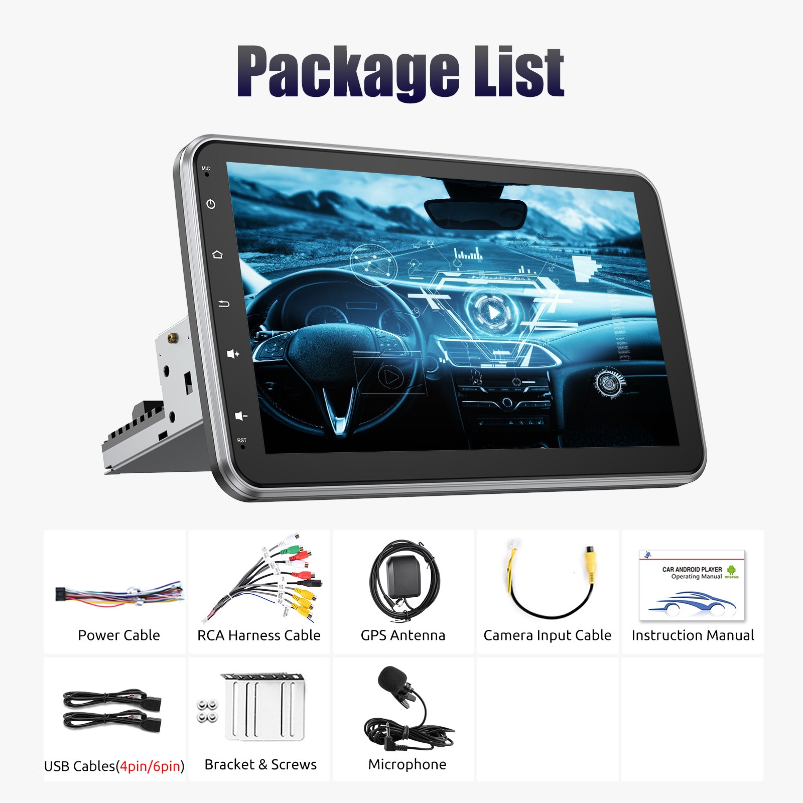 10.1″ Single 1 Din Android 15 Car Stereo Radio GPS WiFi Carplay Rotatable 4+64G