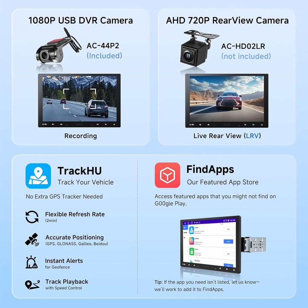 ATOTO 10.1″ 2G+32G Floating 1 DIN Car Stereo Wireless CarPlay 4G GPS DVR Camera