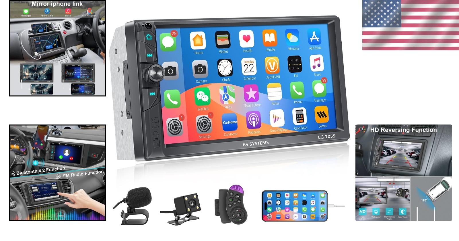 Advanced 7-Inch Double Din Stereo with FM, Bluetooth, and Steering Wheel Control