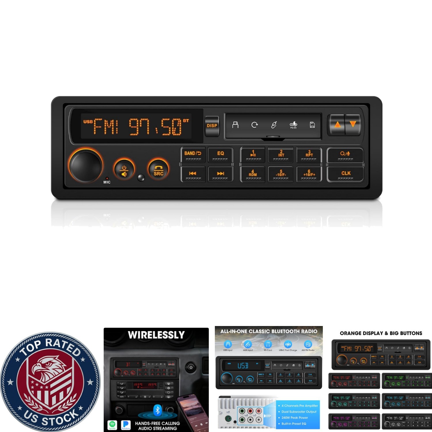Classic Style Single Din Stereo with Bluetooth – 240W Output & Steering Control