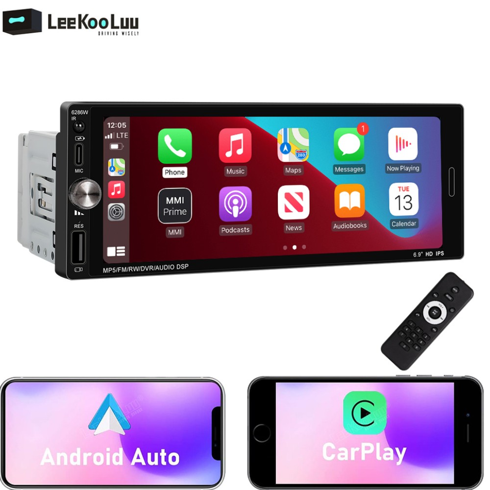 6.9” Single 1 Din Car Stereo Apple CarPlay touchscreen Bluetooth Radio USB SWC