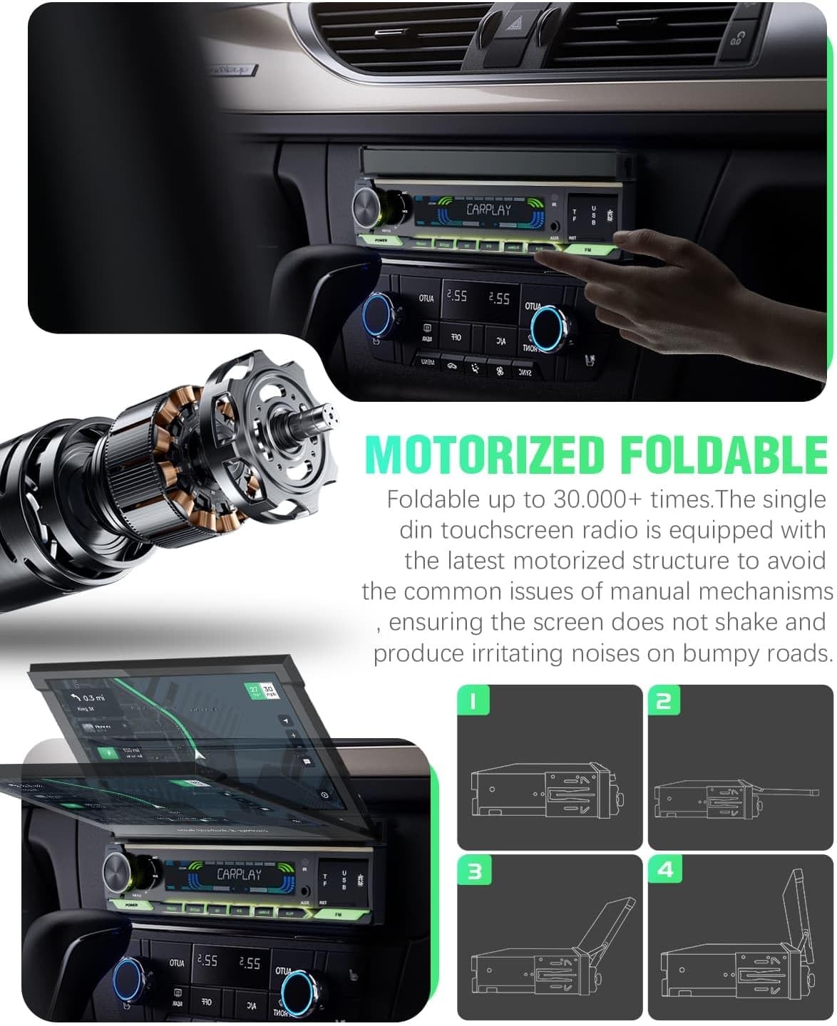 Single Din Touchscreen Radio SOOEMAKA Wireless CarPlay QLED Flip Out