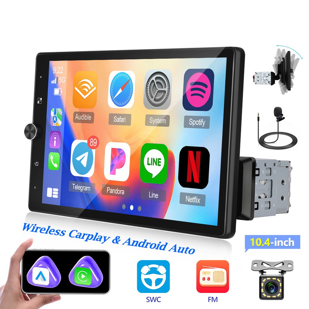 10.4″ 1 Din Car Stereo Wireless Carplay Android Auto Radio Touch Screen +Camera