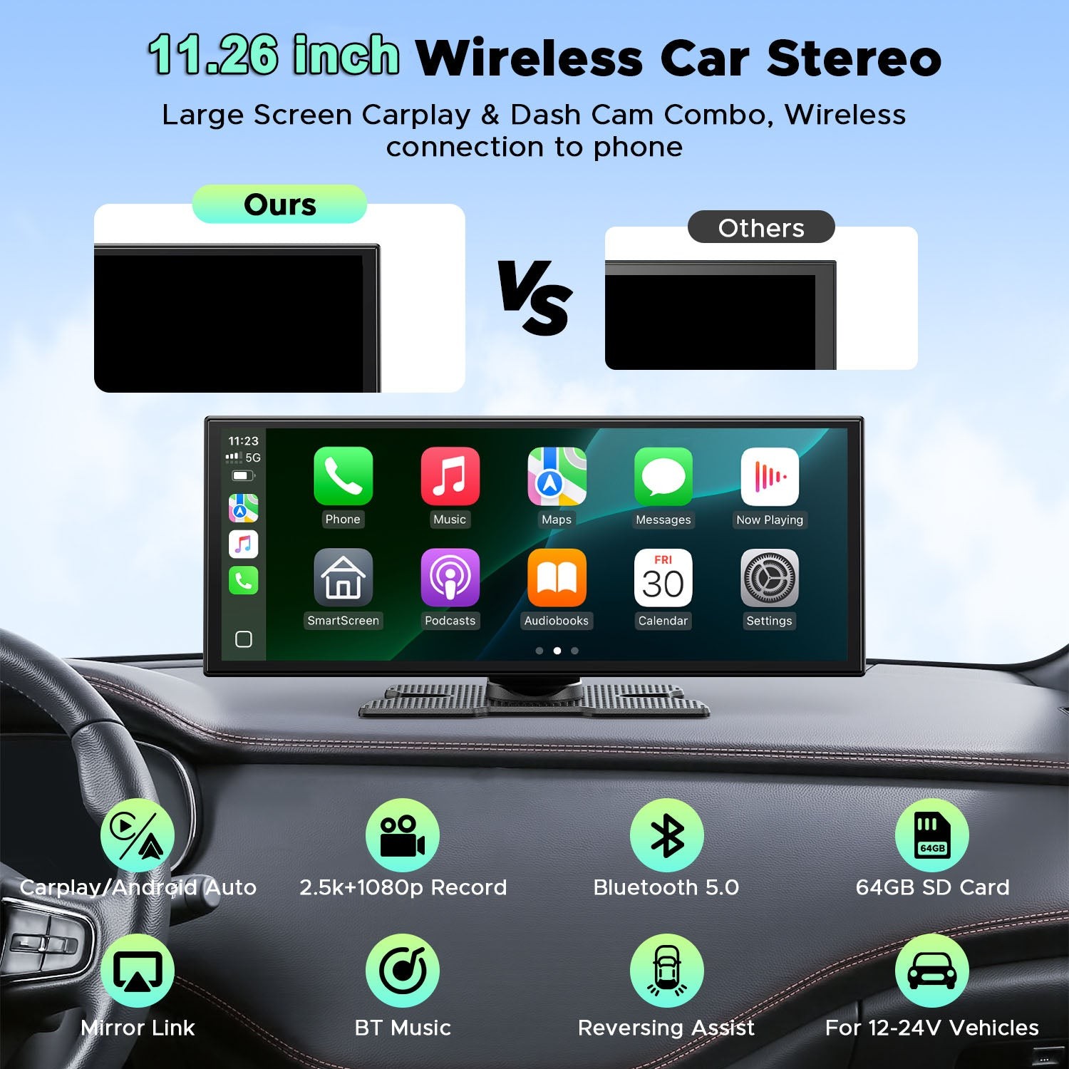 11.26″ 2.5K Dash Cam Car Stereo For Apple Carplay&Android Auto GPS + Rear Camera