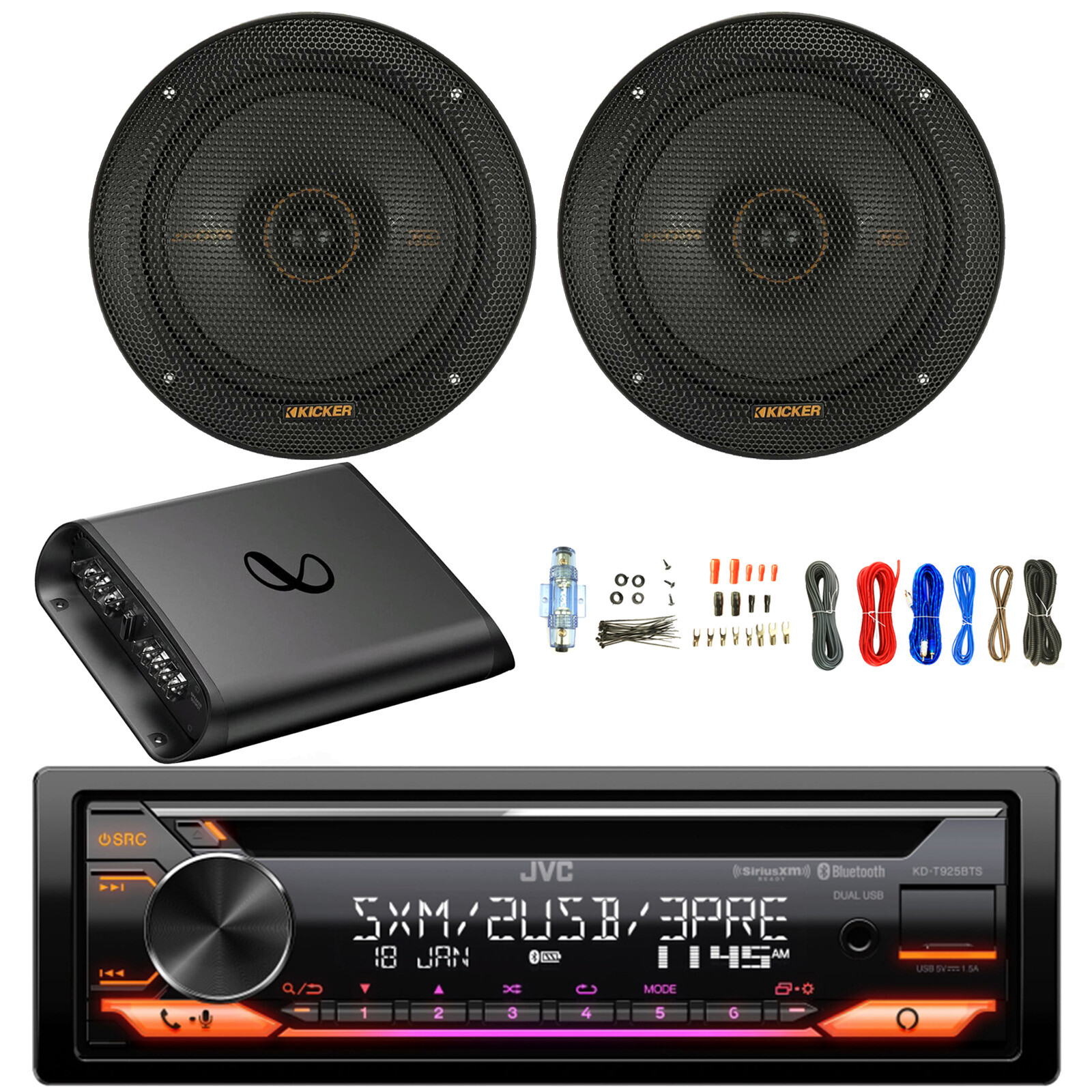 JVC Single DIN Bluetooth AM/FM CD Receiver, Amp w/Kit, 2x 6.5″ 200W Speakers