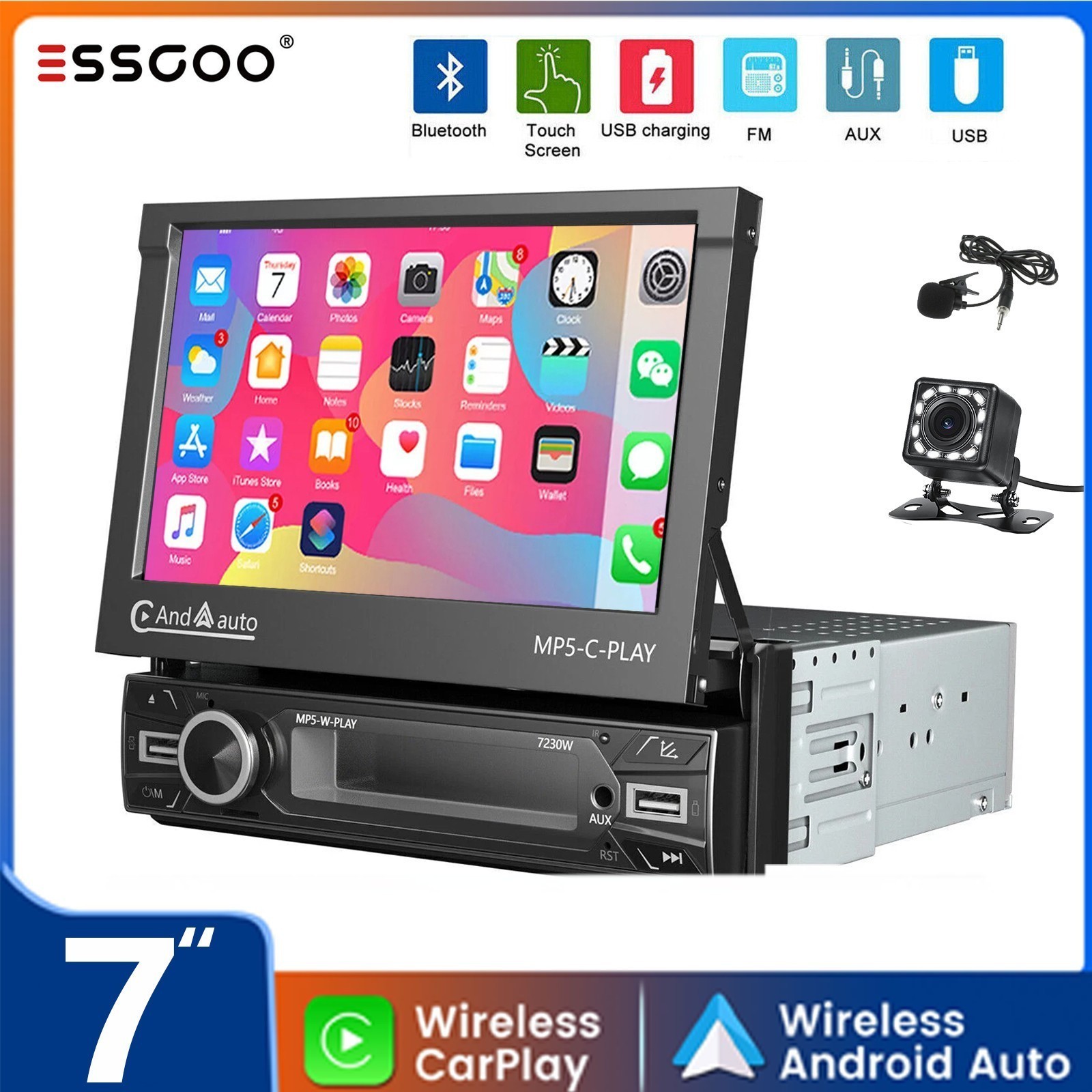 7″ Single 1 DIN Car Radio Stereo Player Apple CarPlay Android Auto Head Unit CAM