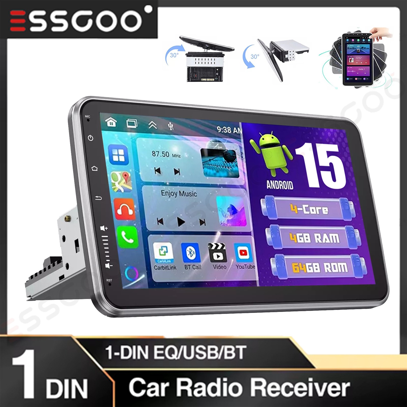 10.1″ Carplay 4G+64G Car Stereo Radio Single 1Din Rotatable Touch Screen SWC MP5