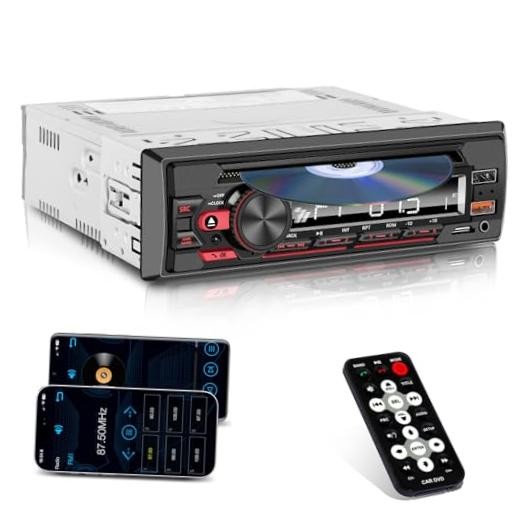 Single DIN CD/DVD Car Stereo with Bluetooth Hands-Free Calling, Push-to Black