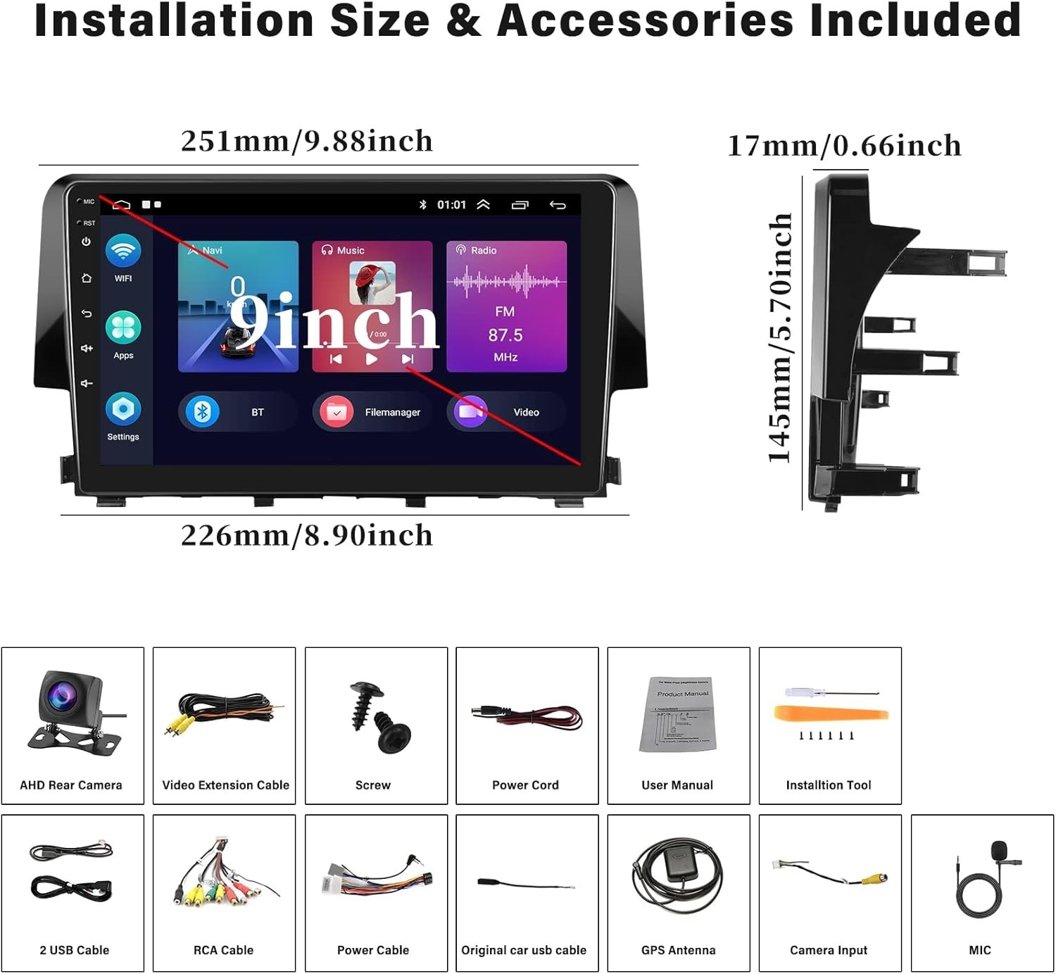 Elegant 9” Android Car Stereo for Honda Civic 2016-2020 with Wireless CarPlay
