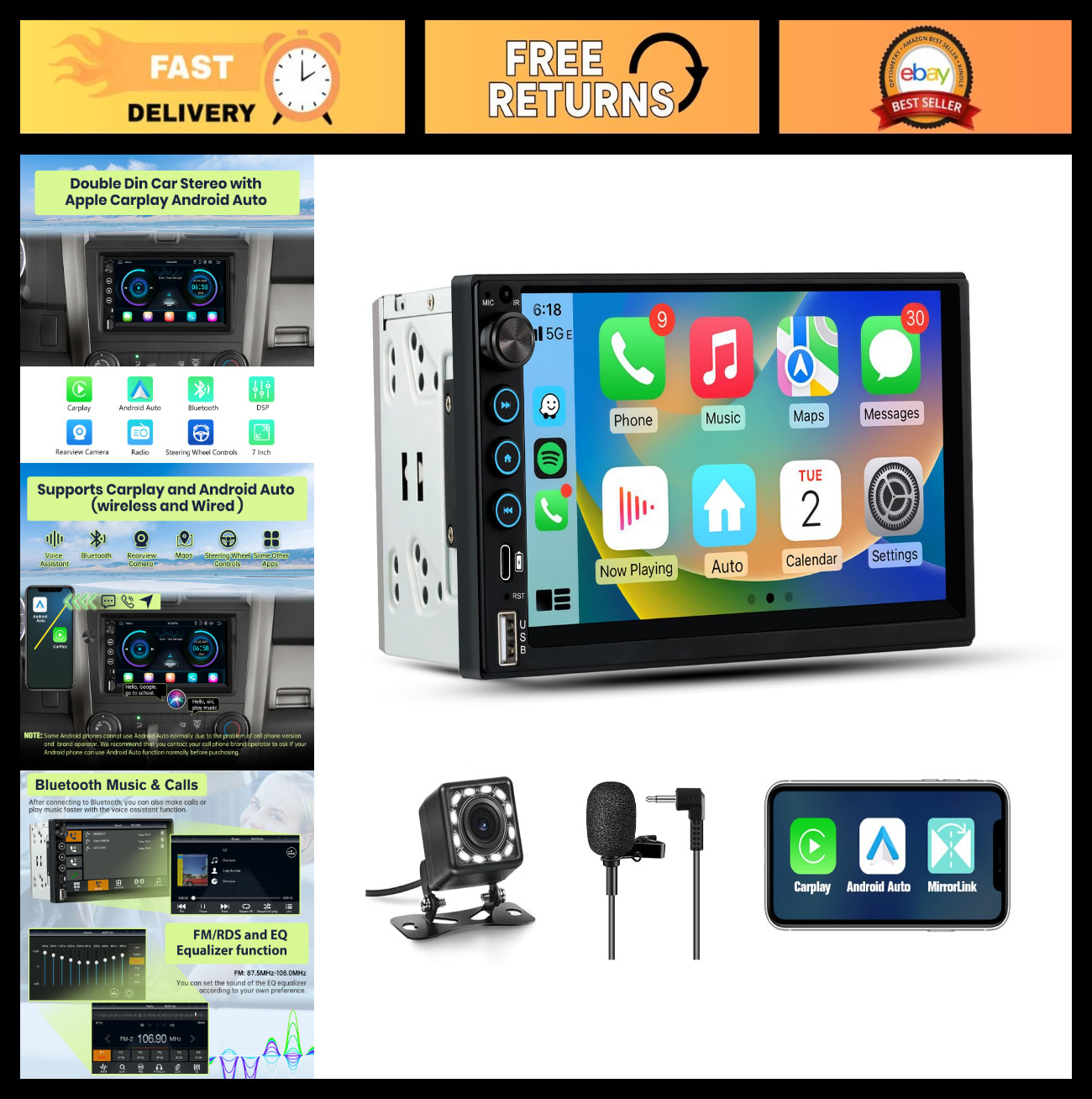 7″ Double Din Car Stereo – Wireless CarPlay, Android Auto, Bluetooth, Touchscree