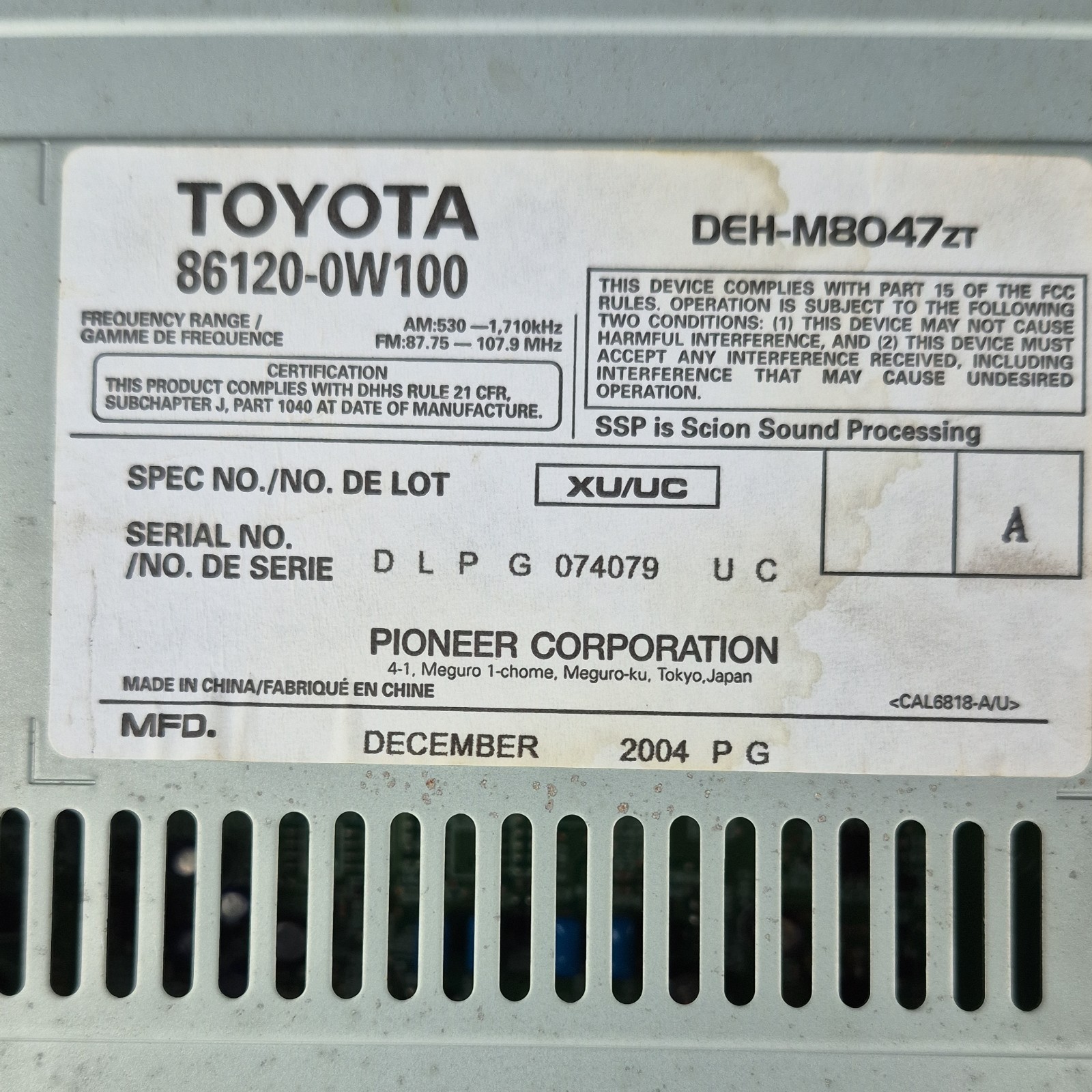 Toyota Scion Factory Pioneer Car Radio CD Player DEH-M8047zt with wiring harness