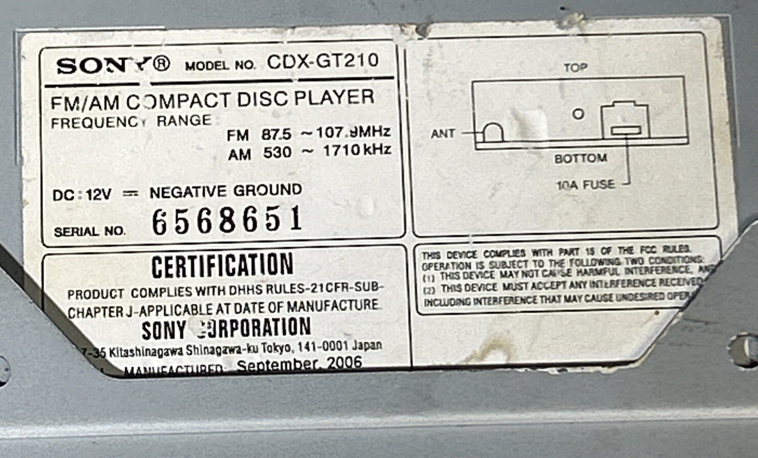 Sony CDX-GT210 Head Unit CD Player Old School