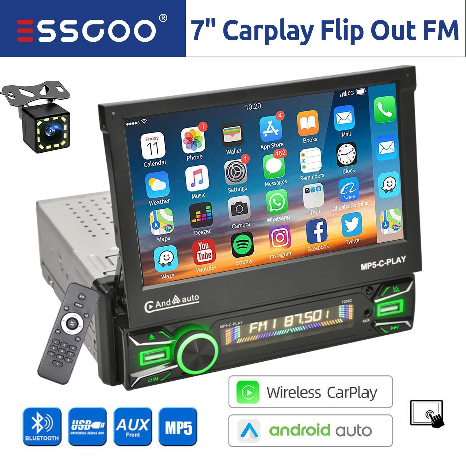 1 DIN 7″ Car Stereo Radio Flip Out Screen Apple Carplay/Android Auto USB +Camera