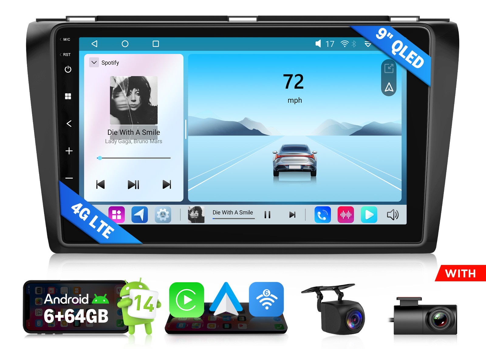 9 inch QLED 6+64 Android 14 Car Stereo GPS Navigation Radio for Mazda3 2004-2009