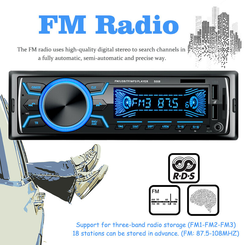 Single 1 Din Car Radio FM Stereo MP3 Player Bluetooth Head Unit In-Dash 2USB/AUX